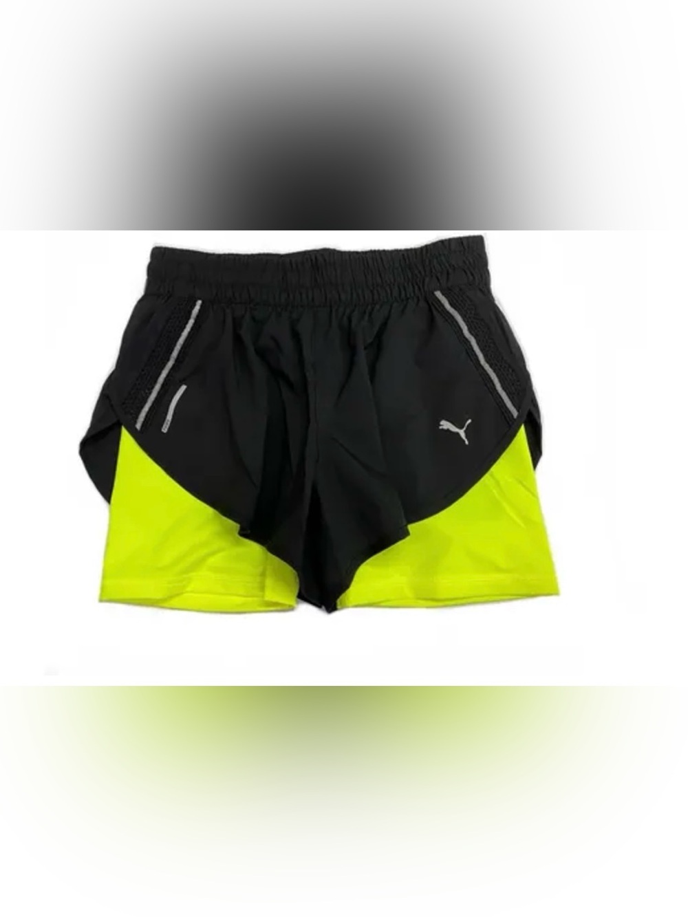 Puma women’s Black & Neon Yellow Split-Layer Athletic Shorts